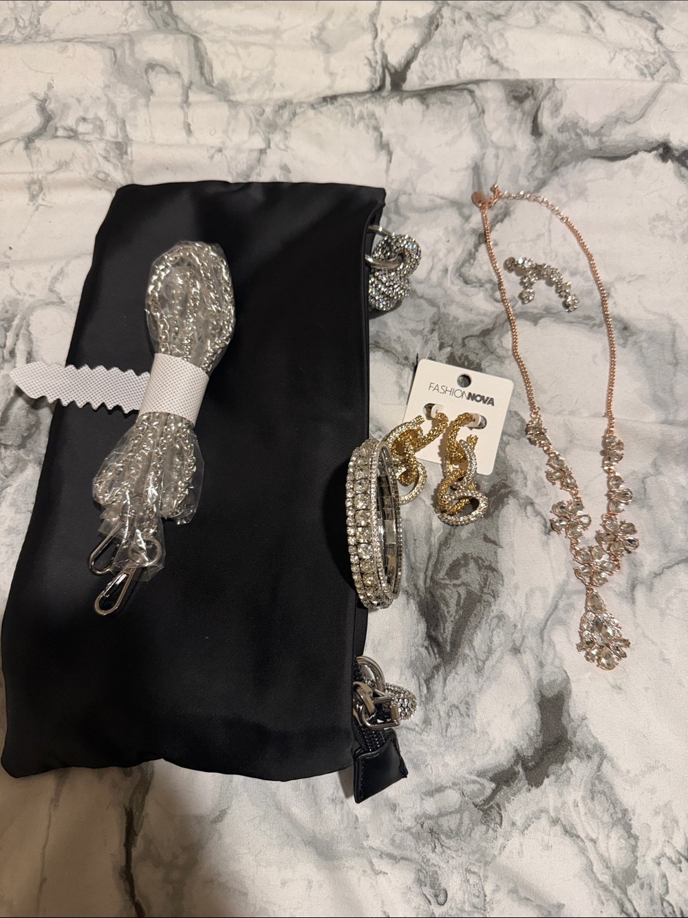Fashion Nova Black Satin Evening Clutch with Crystal Accents